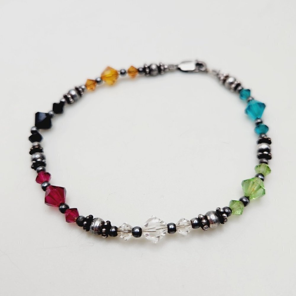 Multicolor Faceted Beaded Crystals 925 Sterling Silver Thin Dainty Bracelet